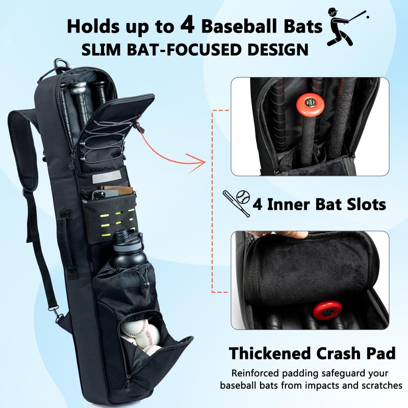 VIGEGARI Baseball Bat Bag Backpack Holds 4 Bats, Slim Bat-Focused Design for Youth & Adults, Baseball Bag with Fence Hook, Padded Bat Case with Ball Pocket, Softball & T-Ball Bat Carrying Bag - Image 3