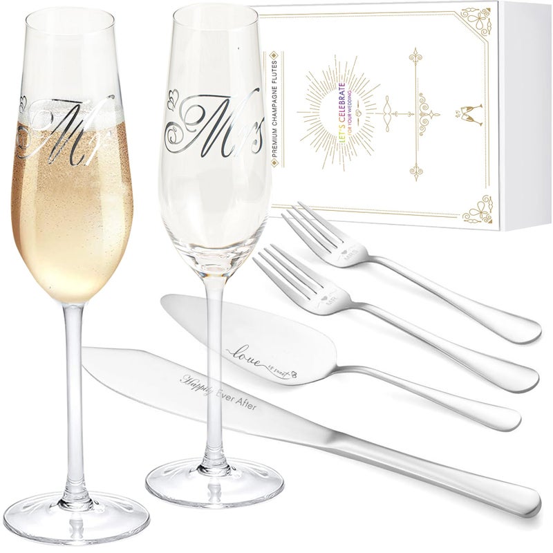 كؤوس شمبانيا زفاف iooiLuxry مع سكين كعكة ومجموعة خدم للعرسان هدايا زفاف مجموعة تقطيع الكعكة للسيد والسيدة هدايا خطوبة