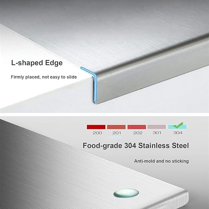 HOMEZE 304 Stainless Steel Chopping Board 51 × 41 cm - Rust Proof, Non‑Slip & Heavy Duty Counter Top Cutting Board with Lip, Smooth Round Edge - for Cutting Vegetables, Fruits, Meat & Kneading Dough - Image 3