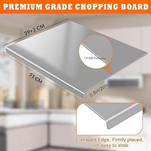 HOMEZE 304 Stainless Steel Chopping Board 51 × 41 cm - Rust Proof, Non‑Slip & Heavy Duty Counter Top Cutting Board with Lip, Smooth Round Edge - for Cutting Vegetables, Fruits, Meat & Kneading Dough - Image 2