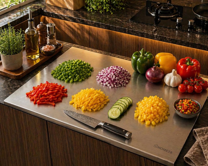 HOMEZE 304 Stainless Steel Chopping Board 51 × 41 cm - Rust Proof, Non‑Slip & Heavy Duty Counter Top Cutting Board with Lip, Smooth Round Edge - for Cutting Vegetables, Fruits, Meat & Kneading Dough - Image 1