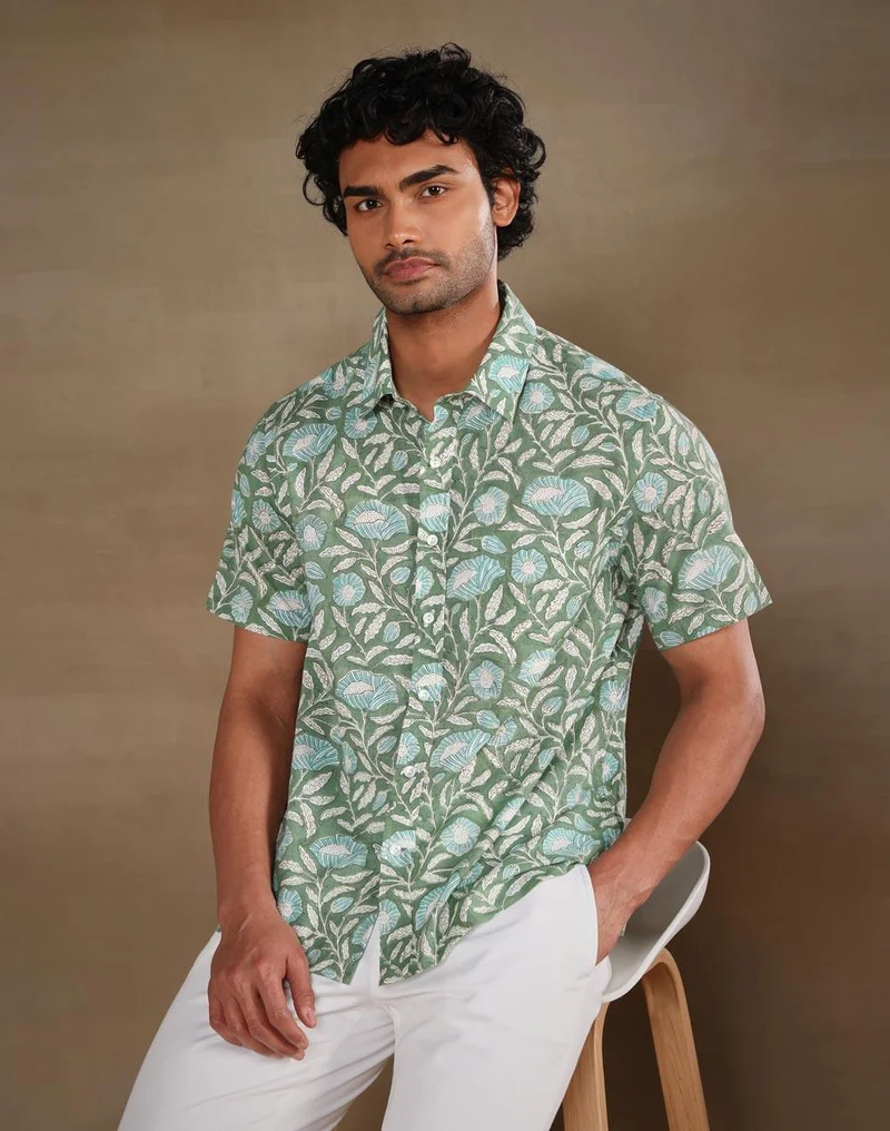 فاب انديا Green Cotton Hand Block Printed Bush Shirt