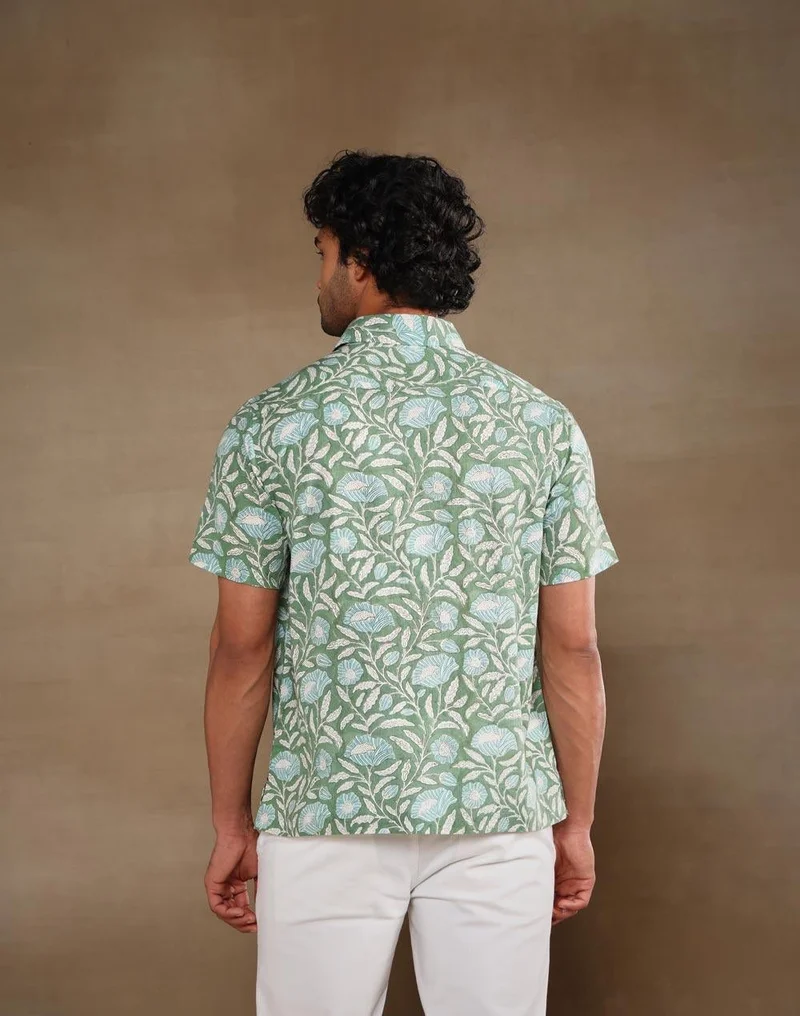 Fabindia  Green Cotton Hand Block Printed Bush Shirt for Men | Best Price UAE