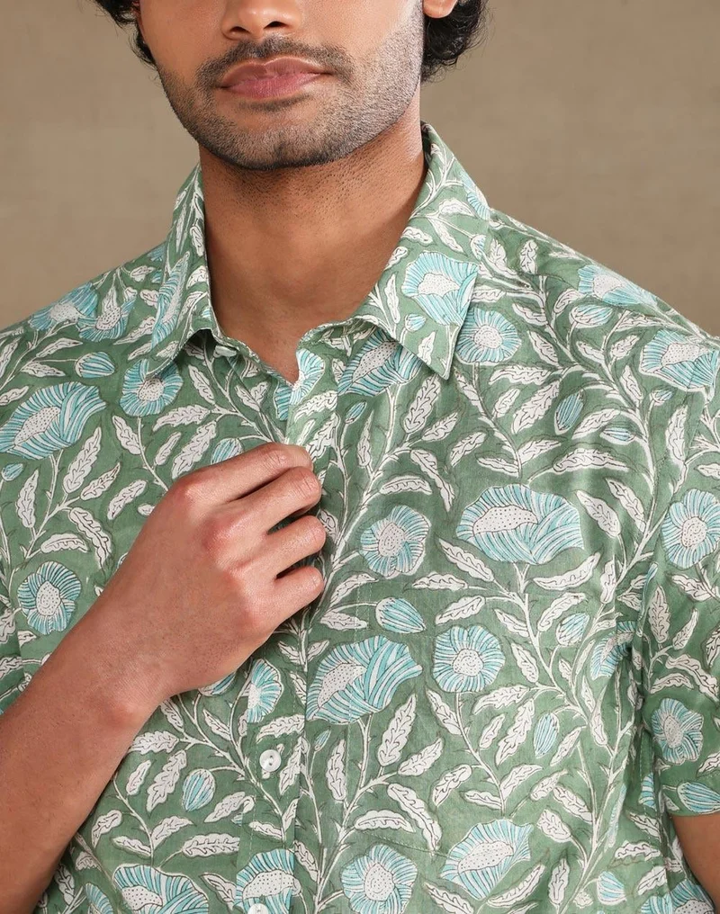 Fabindia  Green Cotton Hand Block Printed Bush Shirt for Men | Best Price UAE