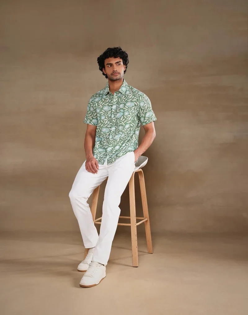 Fabindia  Green Cotton Hand Block Printed Bush Shirt for Men | Best Price UAE