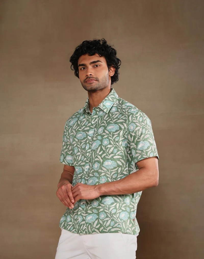 Fabindia  Green Cotton Hand Block Printed Bush Shirt for Men | Best Price UAE