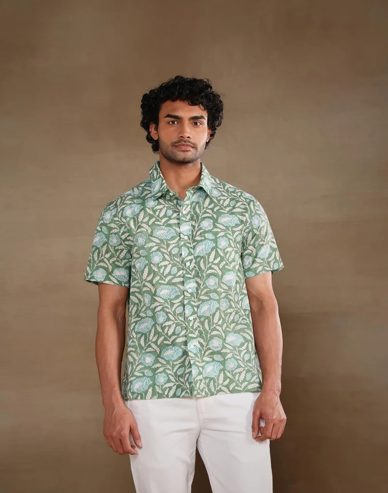 فاب انديا Green Cotton Hand Block Printed Bush Shirt
