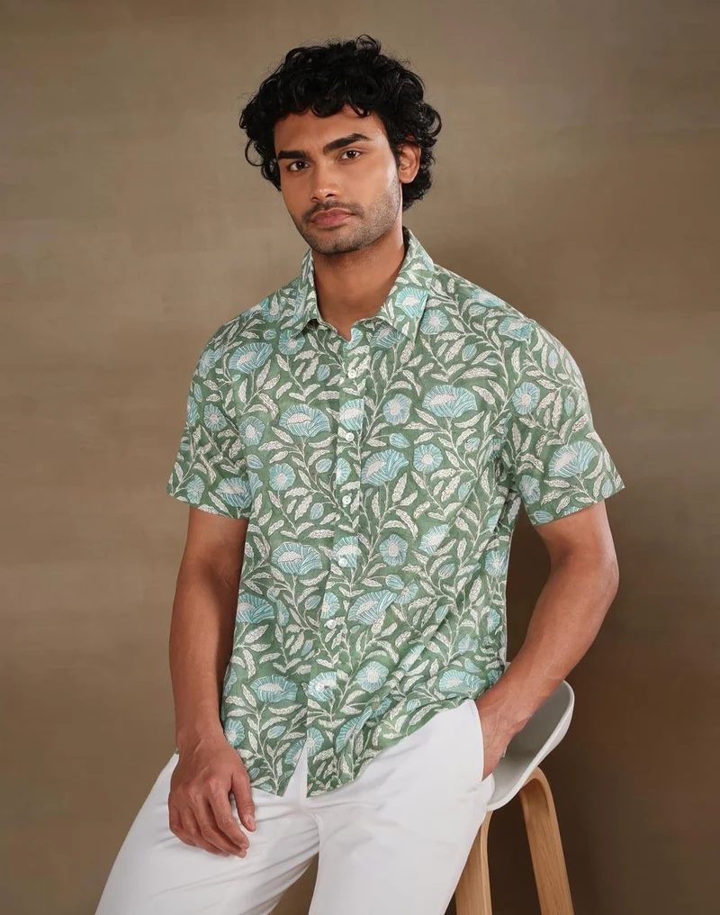 فاب انديا Green Cotton Hand Block Printed Bush Shirt