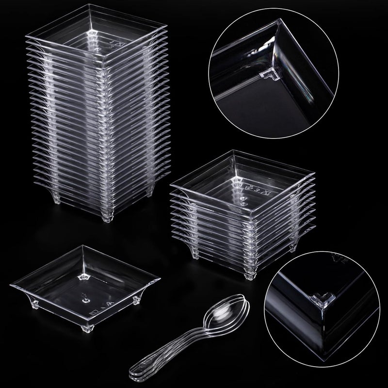 Erinnmy 100 Pcs Mini Dessert Plates with Spoons24 Mini Disposable Appetizer PlatesReusable Square Plastic Mini PlatesClear Mini Dessert Plates for Dessert Appetizer Sauce Cake Fruit1 oz - Image 3
