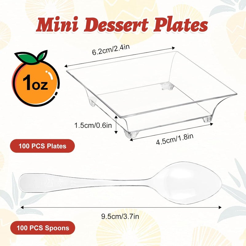 Erinnmy 100 Pcs Mini Dessert Plates with Spoons24 Mini Disposable Appetizer PlatesReusable Square Plastic Mini PlatesClear Mini Dessert Plates for Dessert Appetizer Sauce Cake Fruit1 oz - Image 2
