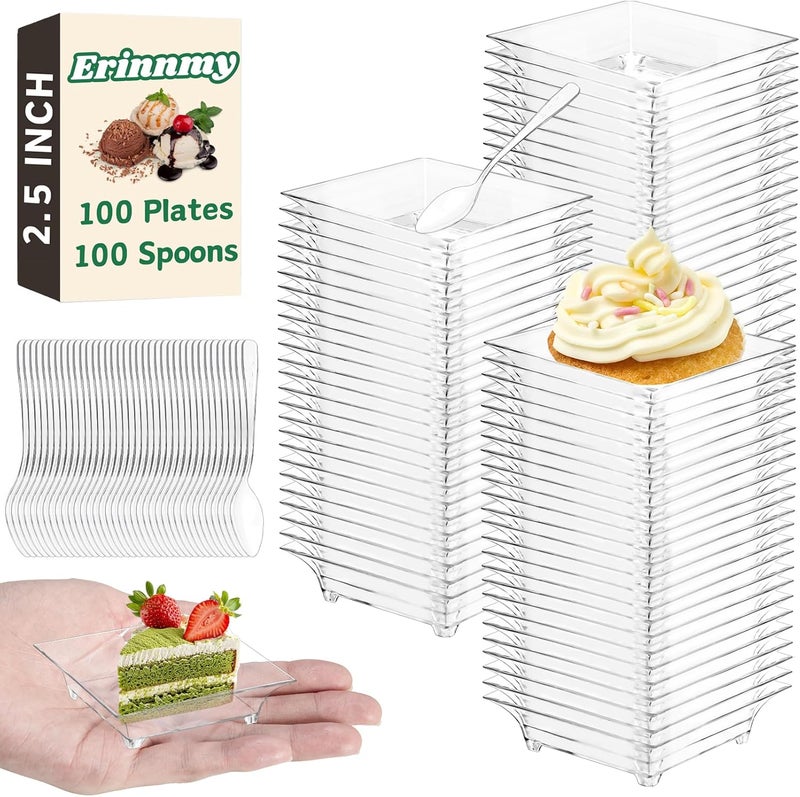 Erinnmy 100 Pcs Mini Dessert Plates with Spoons24 Mini Disposable Appetizer PlatesReusable Square Plastic Mini PlatesClear Mini Dessert Plates for Dessert Appetizer Sauce Cake Fruit1 oz - Image 1