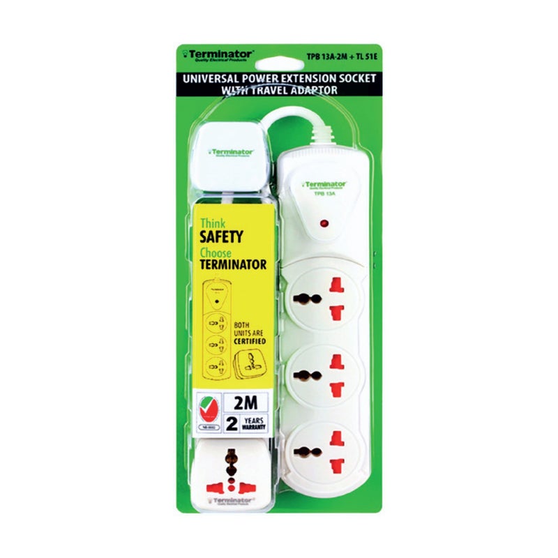 Terminator Universal 3 Way Power Extension Socket with Travel Adaptor, 2M, TPB 13A-2M+TL 51E