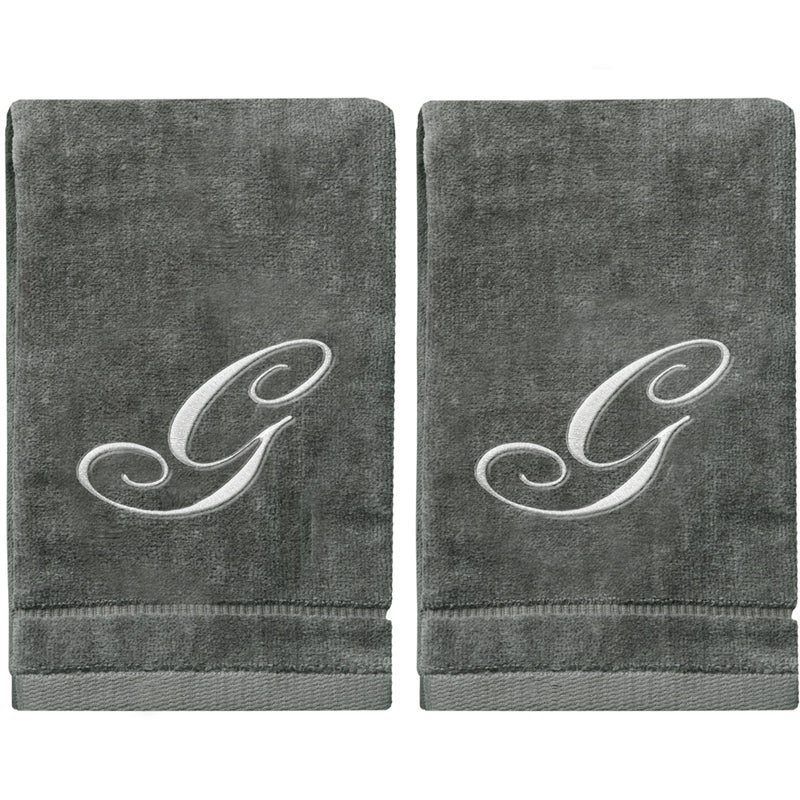 Monogrammed Towels Fingertip Personalized Gift 11 x 18 Inches  Set of 2 Silver Embroidered Towel  Extra Absorbent 100 Cotton Soft Velour Finish  For Bathroom Kitchen Spa Initial G Gray