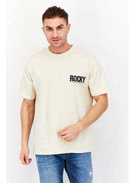 Rocky Men Oversized Crew Neck Short Sleeve Brand Logo T-Shirt, Light Beige  - Image 1