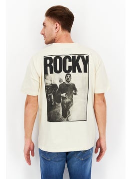 Rocky Men Oversized Crew Neck Short Sleeve Brand Logo T-Shirt, Light Beige  - Image 2