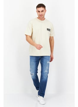 Rocky Men Oversized Crew Neck Short Sleeve Brand Logo T-Shirt, Light Beige  - Image 4