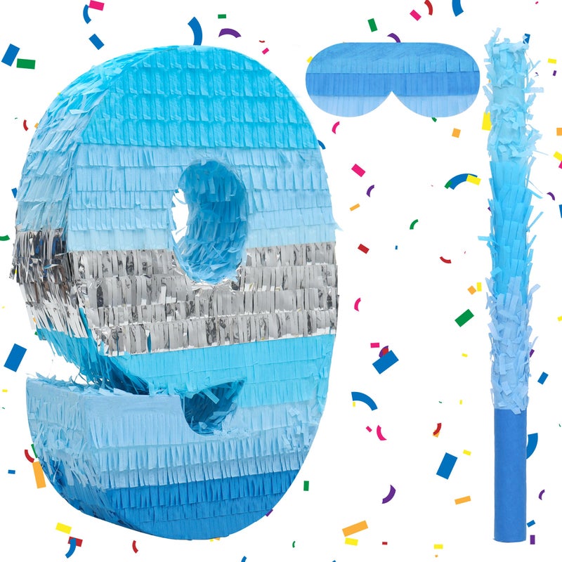 Birchio Number 9 Pinata Bundle with a Blindfold and Bat162 x 114 x 4 Inches Perfect for Boys and Girls Birthday Party Supplies Blue Theme Birthday Decoration - Image 3