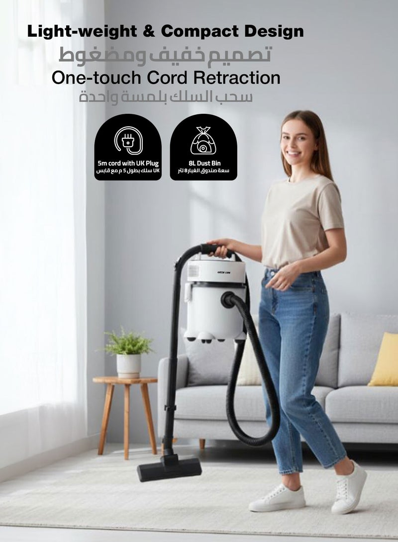 GREEN LION 2 In 1 Vacuum Cleaner / 8 Liter Capacity / 16KPa Maximum Vacuum / Motor with Separate Air Ducts / Special Brush for Wet Suction/Dry Suction / Includes Floor Brush Hanger / 5M UK Plug Cord Length - White - Image 3