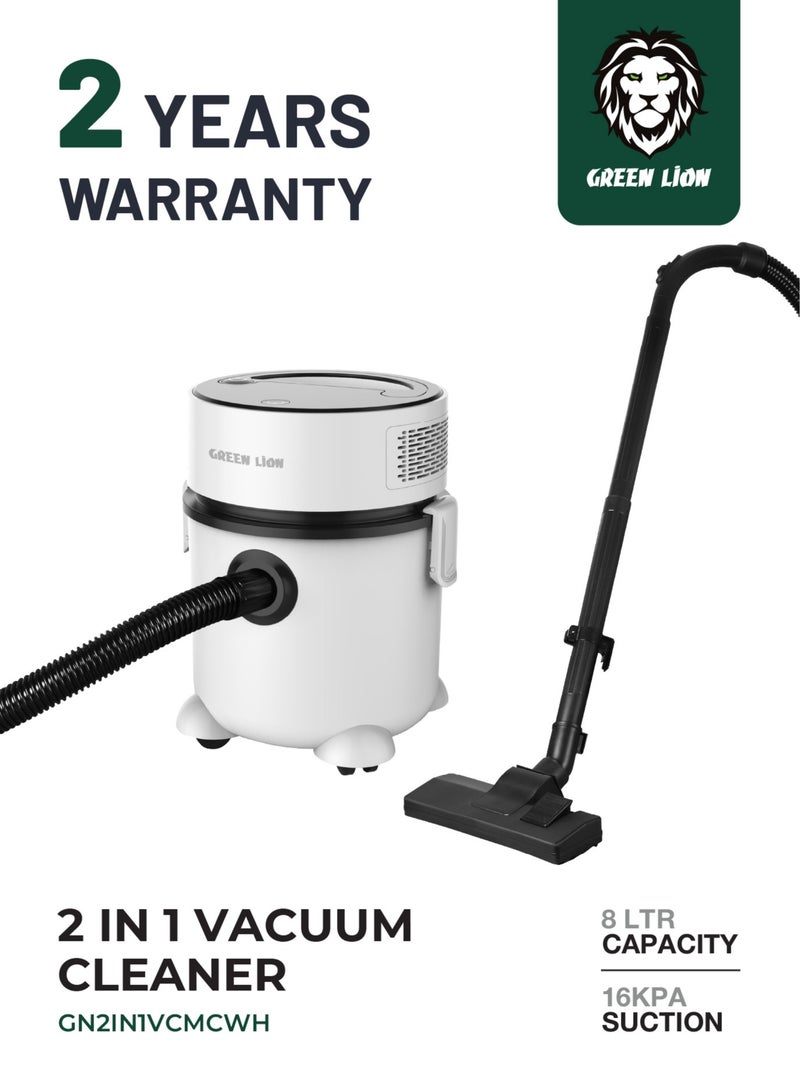 GREEN LION 2 In 1 Vacuum Cleaner / 8 Liter Capacity / 16KPa Maximum Vacuum / Motor with Separate Air Ducts / Special Brush for Wet Suction/Dry Suction / Includes Floor Brush Hanger / 5M UK Plug Cord Length - White  - Image 1