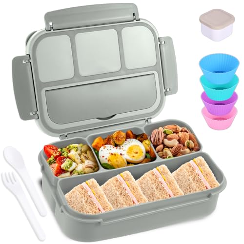 Bento Box Adult Lunch Box Lunch Containers for Kids Girls Boys with 4 Compartments Lunchable Food Container with Utensils Sauce Jar Muffin Liners 40 Oz5 Cup Microwave Dishwasher Safe Gray