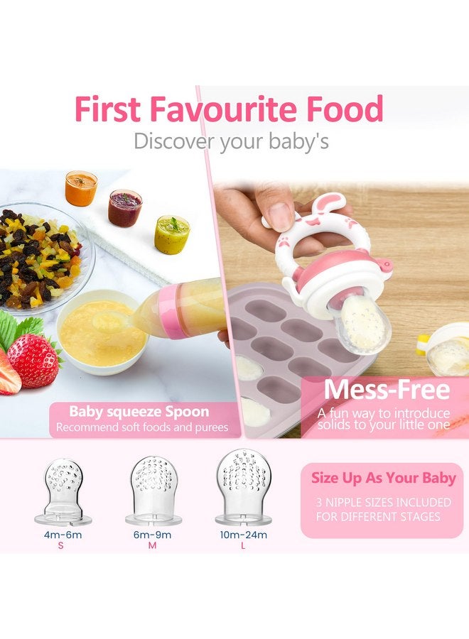 WAJIAYON Baby Fruit Feeder Pacifier - 6 Pack | 2 Baby Fruit Food Feeder Pacifier & 2 Baby Food Dispensing Spoon | Fresh Fruit Teethers for Babies | Silicone Feeder Baby,Mesh Baby Feeder (Pink-Rabbit) - Image 2