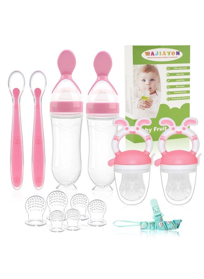 WAJIAYON Baby Fruit Feeder Pacifier - 6 Pack | 2 Baby Fruit Food Feeder Pacifier & 2 Baby Food Dispensing Spoon | Fresh Fruit Teethers for Babies | Silicone Feeder Baby,Mesh Baby Feeder (Pink-Rabbit) - Image 1