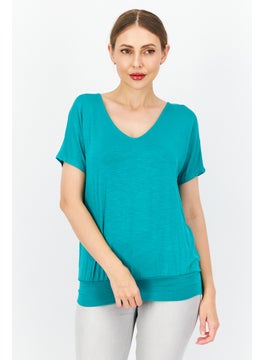 Zero Women V Neck Short Sleeve Plain Blouse, Green  - Image 1