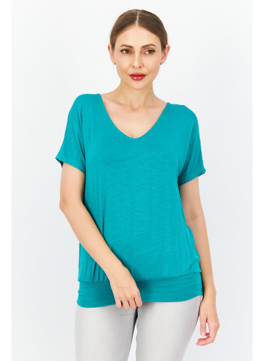 Zero Women V Neck Short Sleeve Plain Blouse, Green  - Image 1