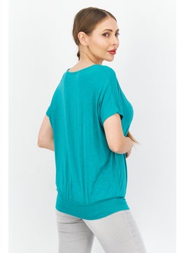 Zero Women V Neck Short Sleeve Plain Blouse, Green  - Image 2