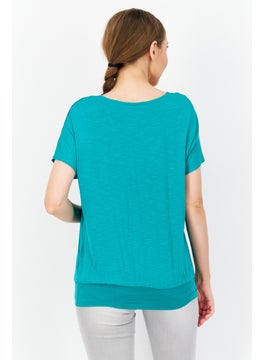 Zero Women V Neck Short Sleeve Plain Blouse, Green  - Image 4