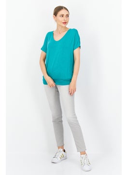 Zero Women V Neck Short Sleeve Plain Blouse, Green  - Image 3