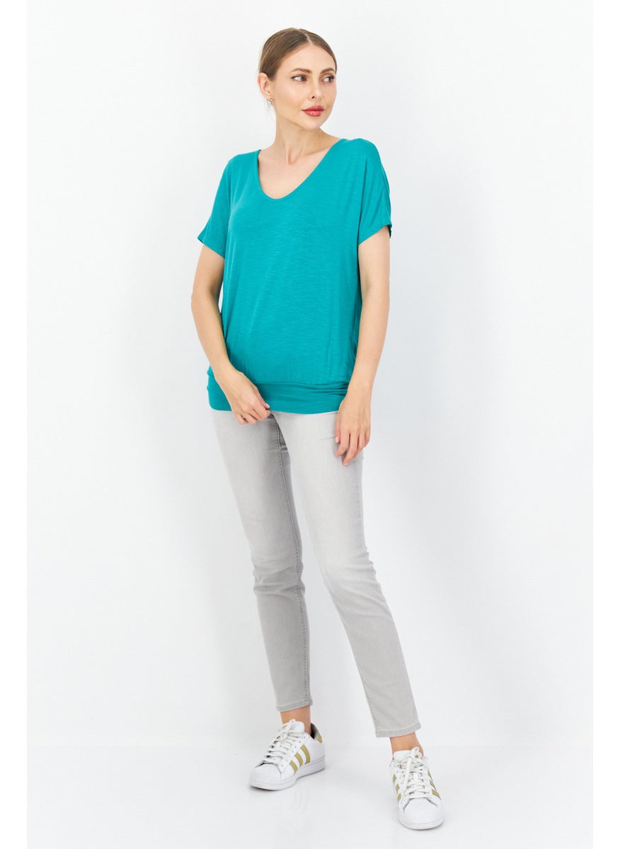 Zero Women V Neck Short Sleeve Plain Blouse, Green  - Image 3