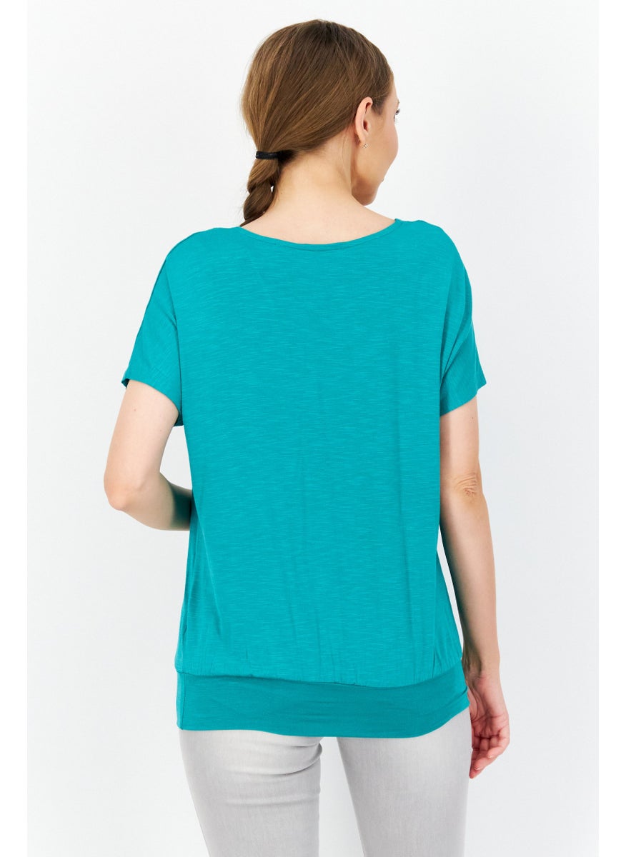 Zero Women V Neck Short Sleeve Plain Blouse, Green  - Image 4