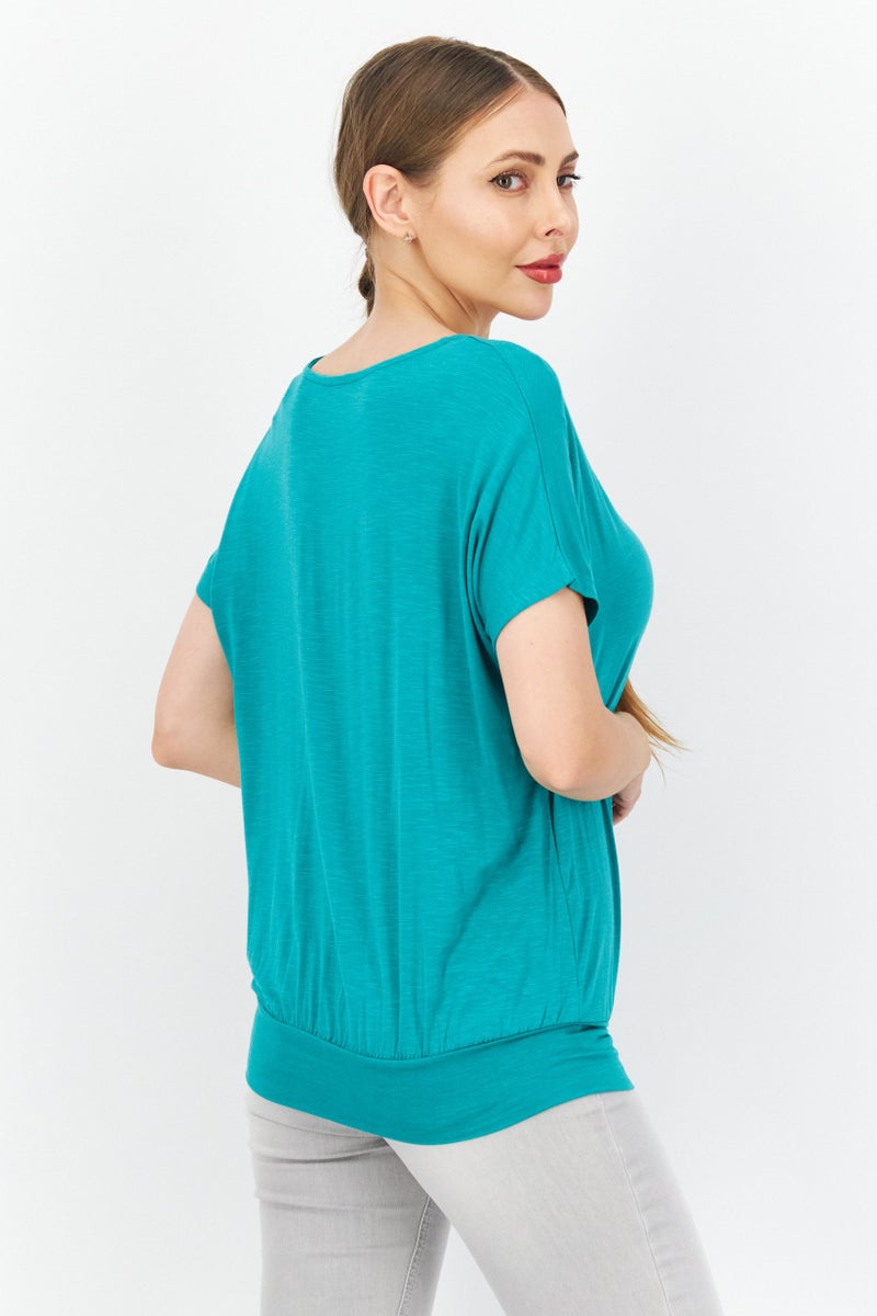 Women V Neck Short Sleeve Plain Blouse, Green