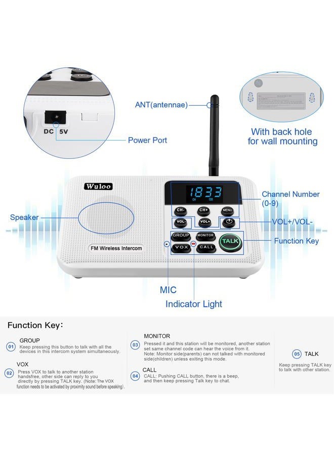 Wuloo Intercoms Wireless for Home 1 Mile Range 22 Channel 100 Digital Code Display Screen, Wireless Intercom System for Home House Business Office, Room to Room Intercom Communication (6 Packs, White) - Image 5
