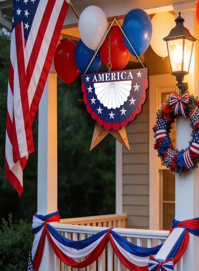 SNILOAW 4th of July Wreath Patriotic Decorations Patriotic Wreaths for Front Door Hanging Sign Wooden 4th of July Decorations for Front Door Decorations Memorial Day Fourth of July Porch Wall Home Decor - Image 3