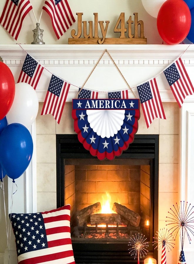 SNILOAW 4th of July Wreath Patriotic Decorations Patriotic Wreaths for Front Door Hanging Sign Wooden 4th of July Decorations for Front Door Decorations Memorial Day Fourth of July Porch Wall Home Decor - Image 5
