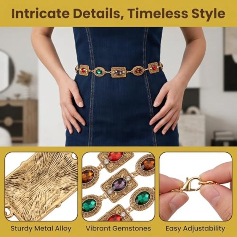 Vintage Concho Belt for Women, Western Boho Metal Chain Waist Belt - Image 5