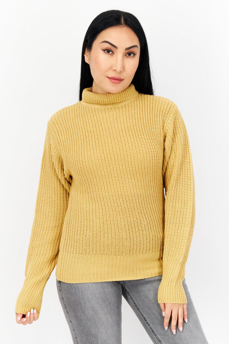 BRAVE SOUL Women Mock Neck Long Sleeve Knitted Sweaters, Brown - Image 1