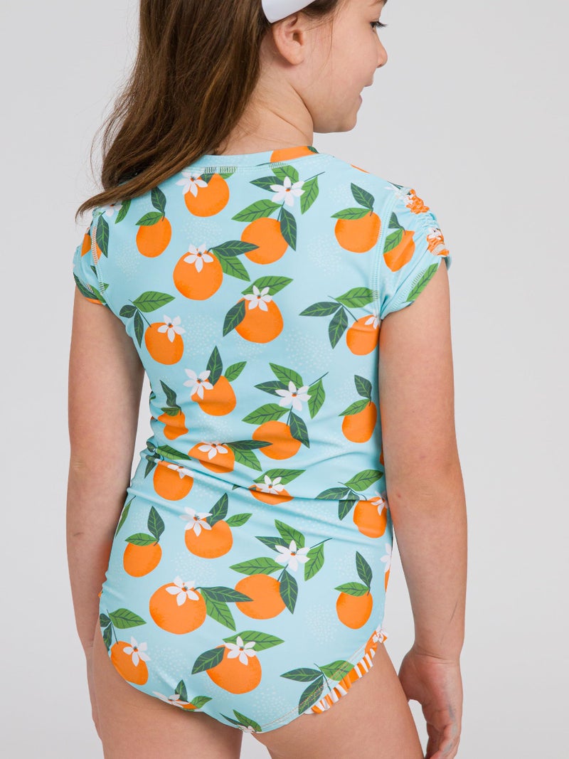 RuffleButts Girls UPF50+ Sun Protection Front Zipper Short Sleeve Rash Guard One Piece Swimsuit - Blue Orange You The Sweetest, 5 - Image 5