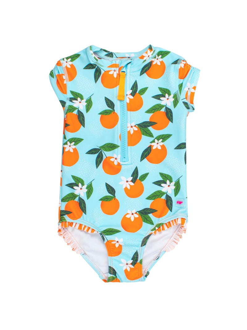 RuffleButts Girls UPF50+ Sun Protection Front Zipper Short Sleeve Rash Guard One Piece Swimsuit - Blue Orange You The Sweetest, 5 - Image 1