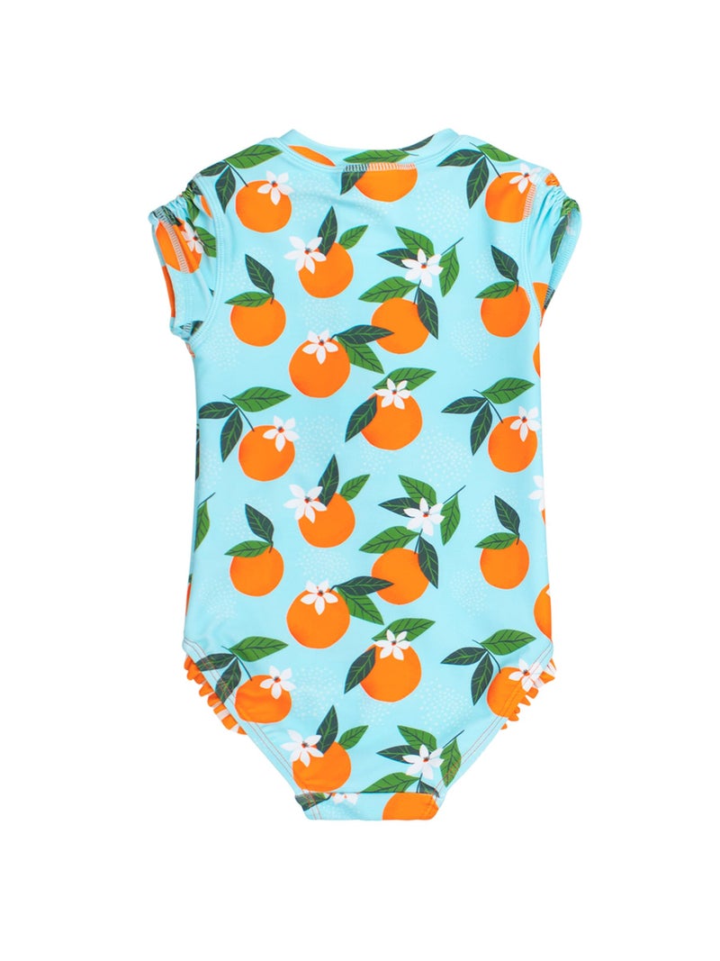 RuffleButts Girls UPF50+ Sun Protection Front Zipper Short Sleeve Rash Guard One Piece Swimsuit - Blue Orange You The Sweetest, 5 - Image 4