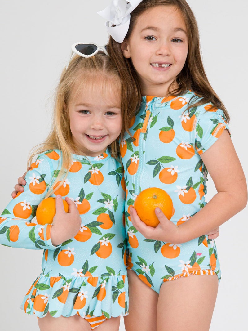 RuffleButts Girls UPF50+ Sun Protection Front Zipper Short Sleeve Rash Guard One Piece Swimsuit - Blue Orange You The Sweetest, 5 - Image 3