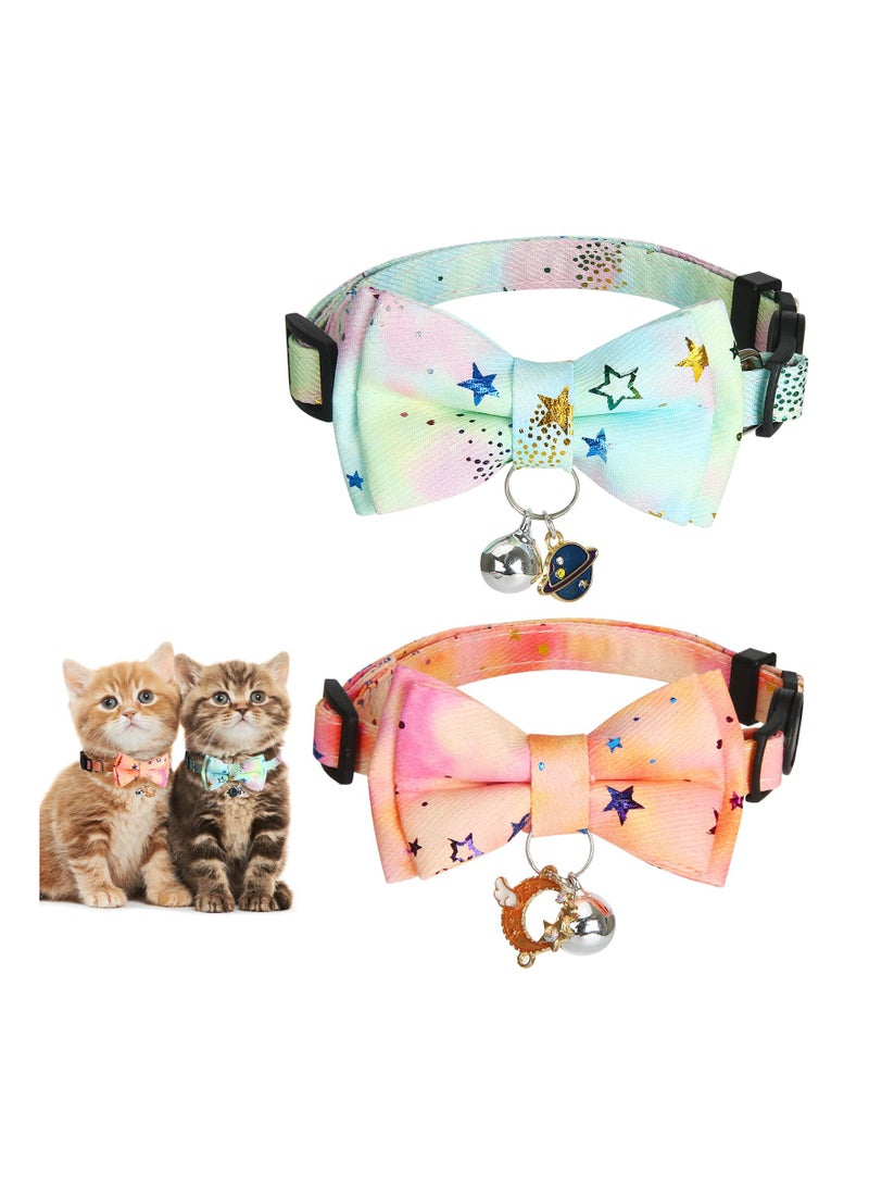 2 Pack Adjustable Cute Cat Collars with Removable Bow Ties and Bells, Safety Patterns for Kittens, Fits Neck Sizes 8 to 11.5 Inches - Image 1