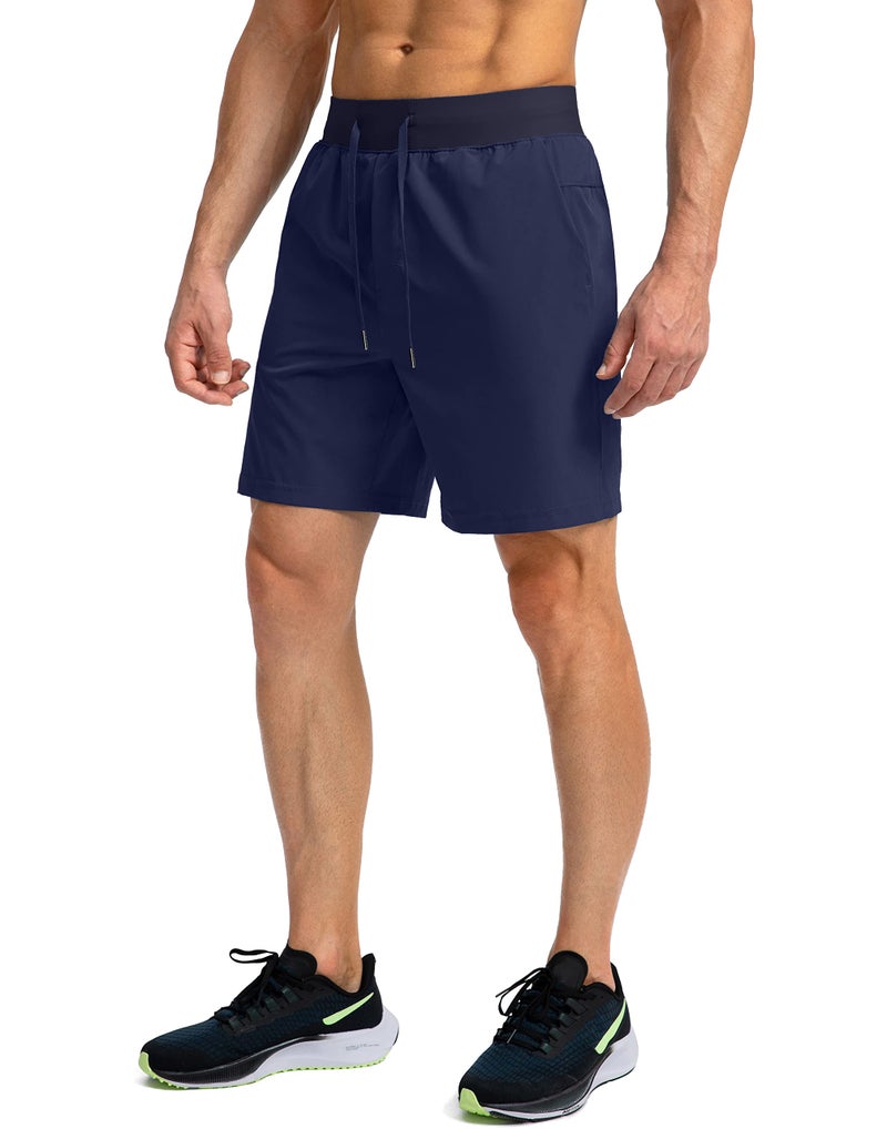 Soothfeel Men's Running Shorts with Zipper Pockets 7 Inch Lightweight Quick Dry Gym Athletic Workout Shorts for Men (Navy, L) - Image 2