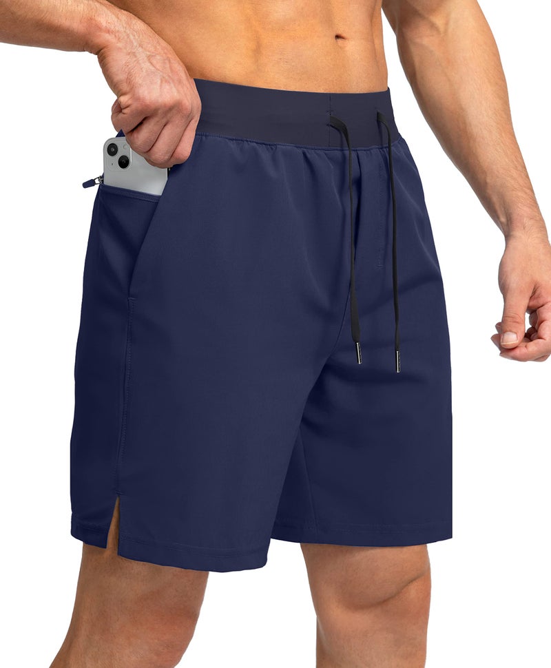 Soothfeel Men's Running Shorts with Zipper Pockets 7 Inch Lightweight Quick Dry Gym Athletic Workout Shorts for Men (Navy, L) - Image 1