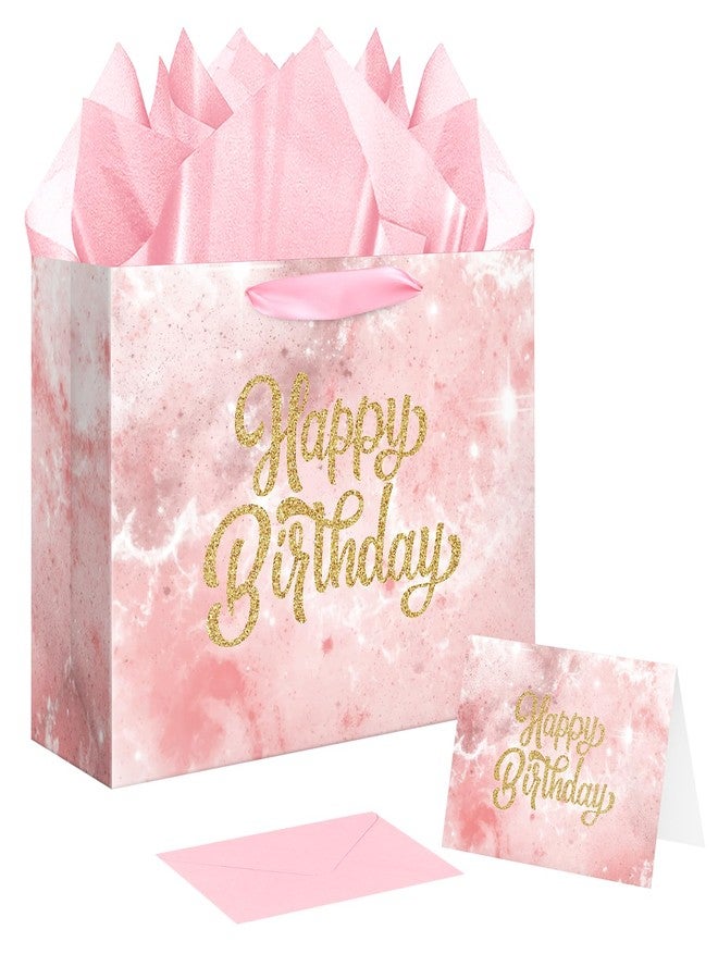 XiaosRen 12.6" Large Pink Happy Birthday Gift Bag with Card and Tissue Papers for Girls Women Kids Party Favor. - Image 1