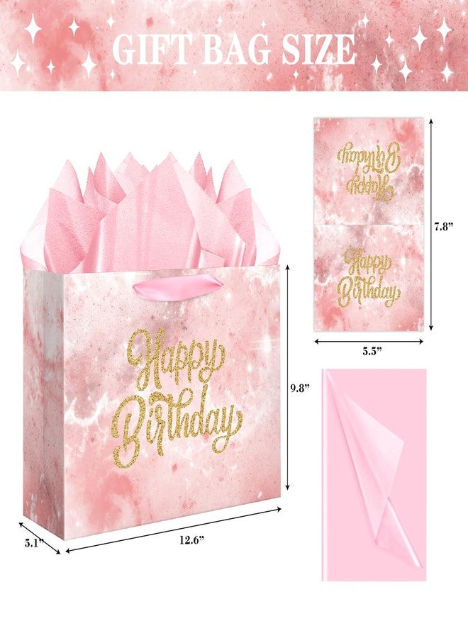 XiaosRen 12.6" Large Pink Happy Birthday Gift Bag with Card and Tissue Papers for Girls Women Kids Party Favor. - Image 2