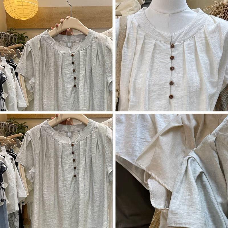 South Korea Dongdaemun commuter summer pure color elegant slimming age-reducing versatile Korean style round neck single-breasted top - Image 5