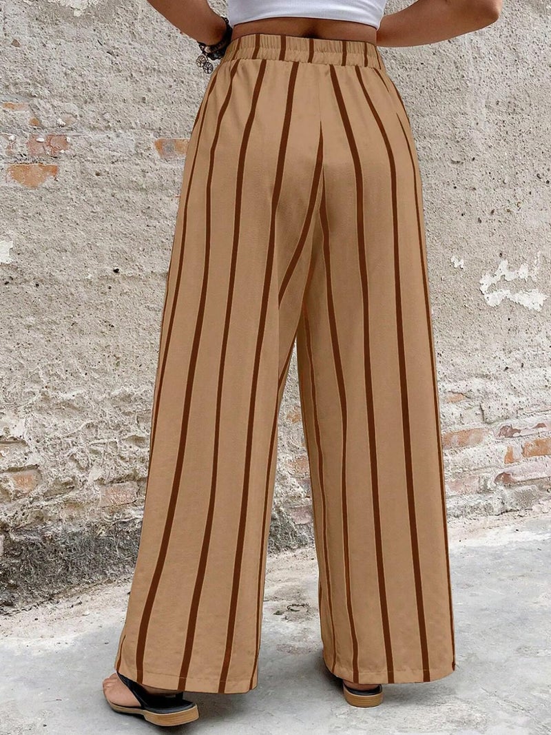 Acelitt Women's Casual Striped Loose Wide Leg Pants Drawstring Elastic High Waisted 2026 Summer Fashion Beach Pants Trousers Beige XXL - Image 4